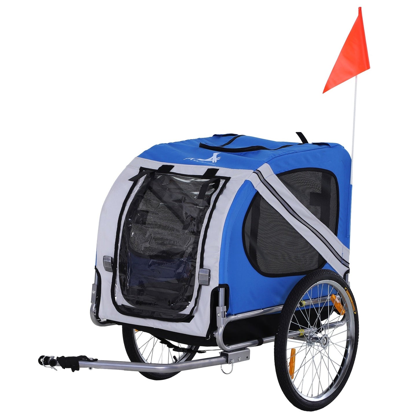 Blue and gray bicycle pet trailer with a red flag on a white background
