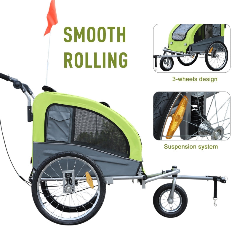 Green and gray bike trailer with text highlighting 'Smooth Rolling' and '3-wheels design'.