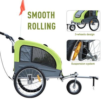 Green and gray bike trailer with text highlighting 'Smooth Rolling' and '3-wheels design'.