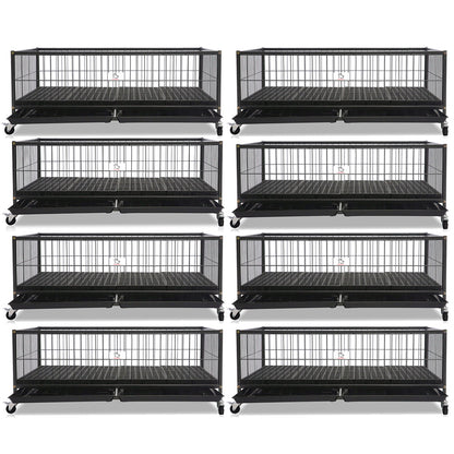 Set of eight black metal pet crates on a white background