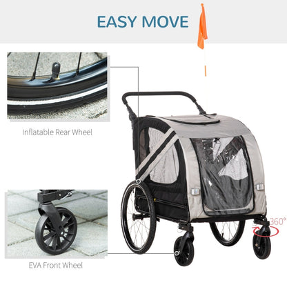 Pet stroller with inflatable rear wheel and EVA front wheel, featuring text 'Easy Move'.