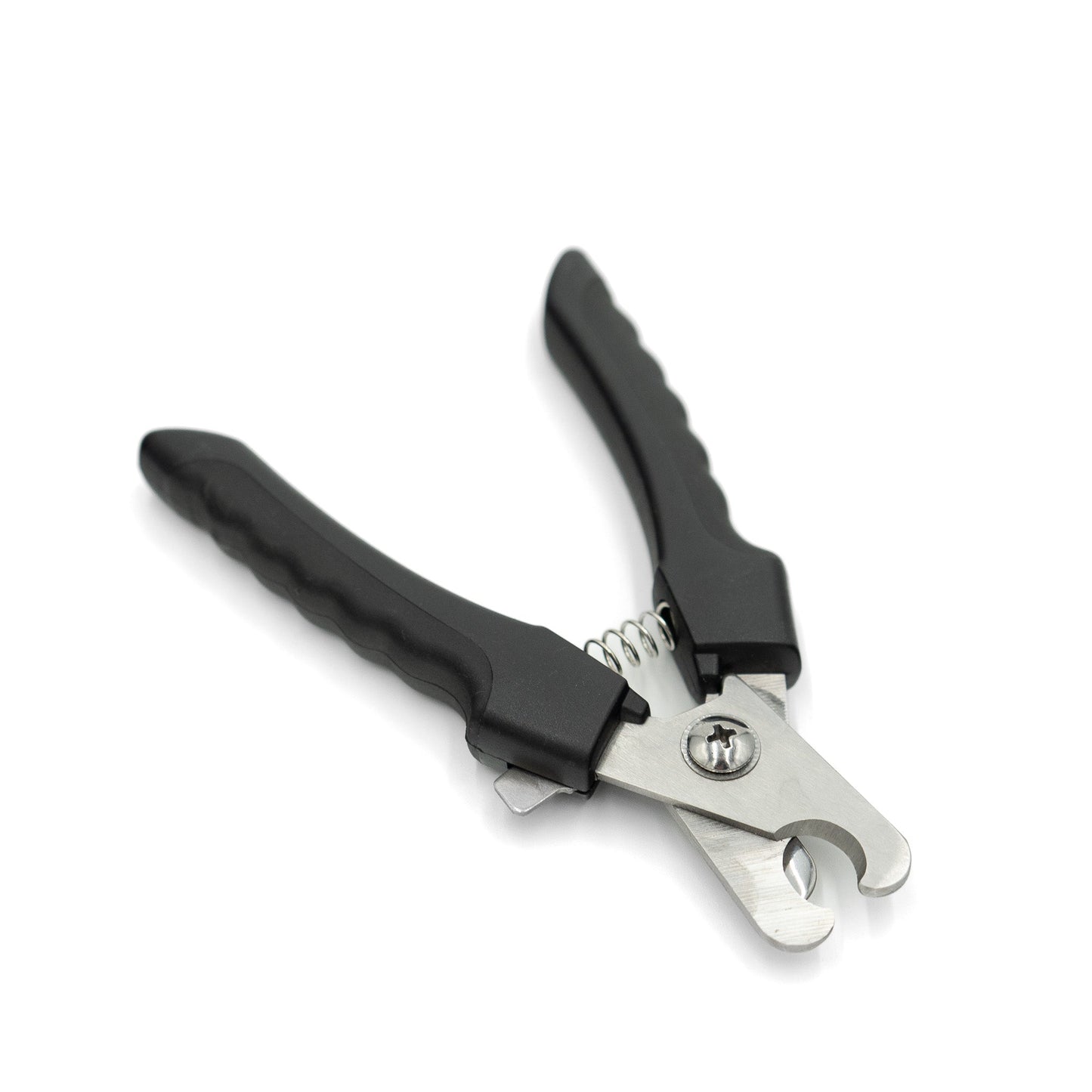 Black and silver pet nail clipper on a white background