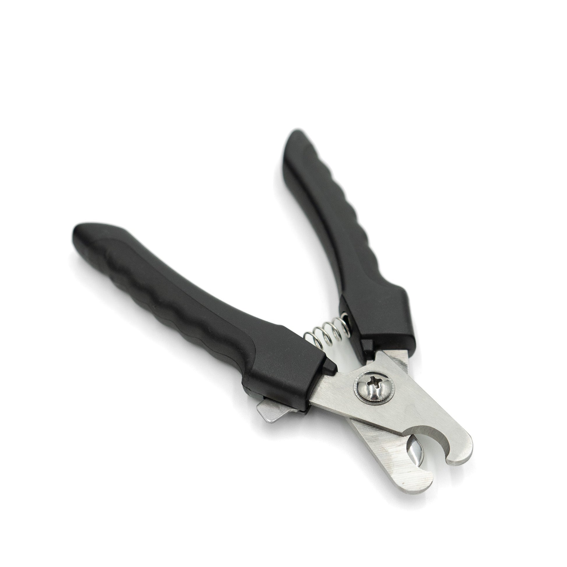 Black and silver pet nail clipper on a white background
