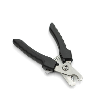 Black and silver pet nail clipper on a white background