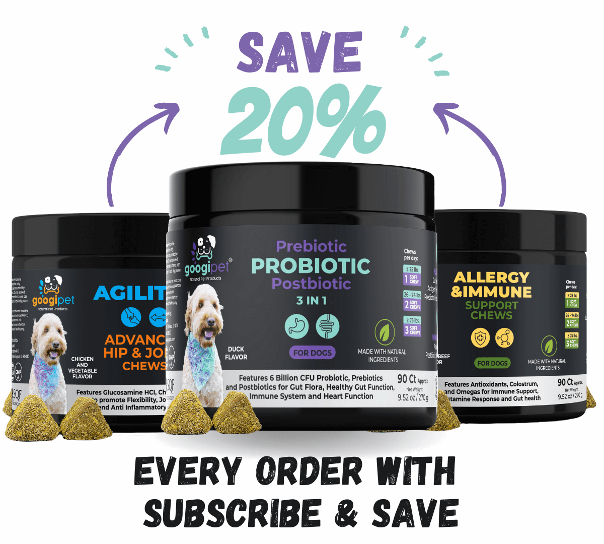 Dog supplement products with promotional text on a white background