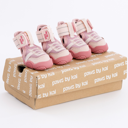 Pink pet shoes on a 'paws by kai' branded box against a white background