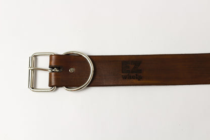 Brown leather belt with silver buckle on a white background