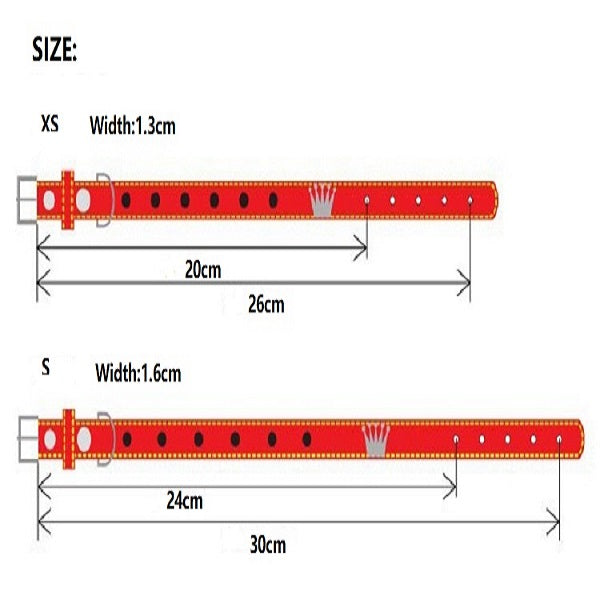 Measurement chart for red dog collars with size labels and dimensions.
