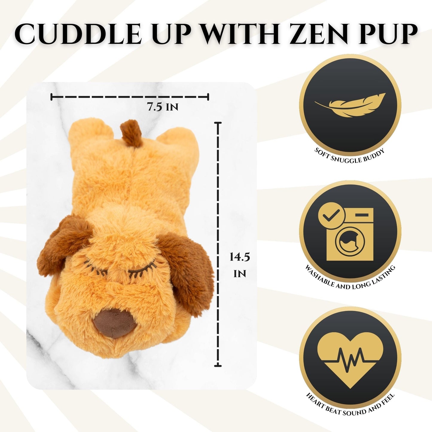 Dog-shaped plush toy with measurements and features on a white background