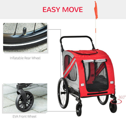 Red pet stroller with inflatable rear wheel and EVA front wheel on a gray background