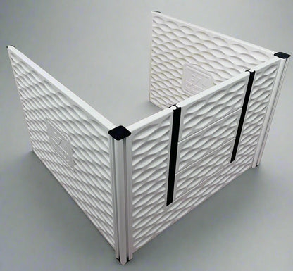 White textured wall panel with black straps on a light gray background