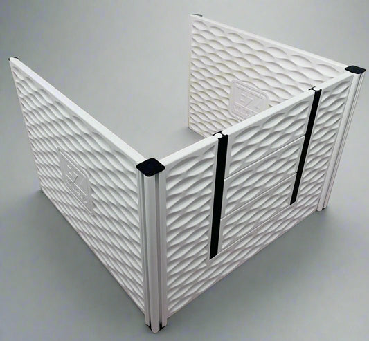 White textured wall panel with black straps on a light gray background