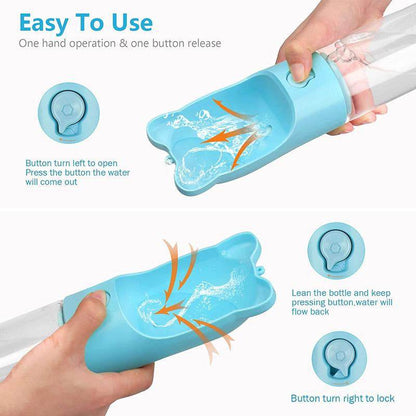 Blue water bottle with instructions on how to operate it, held by a hand.