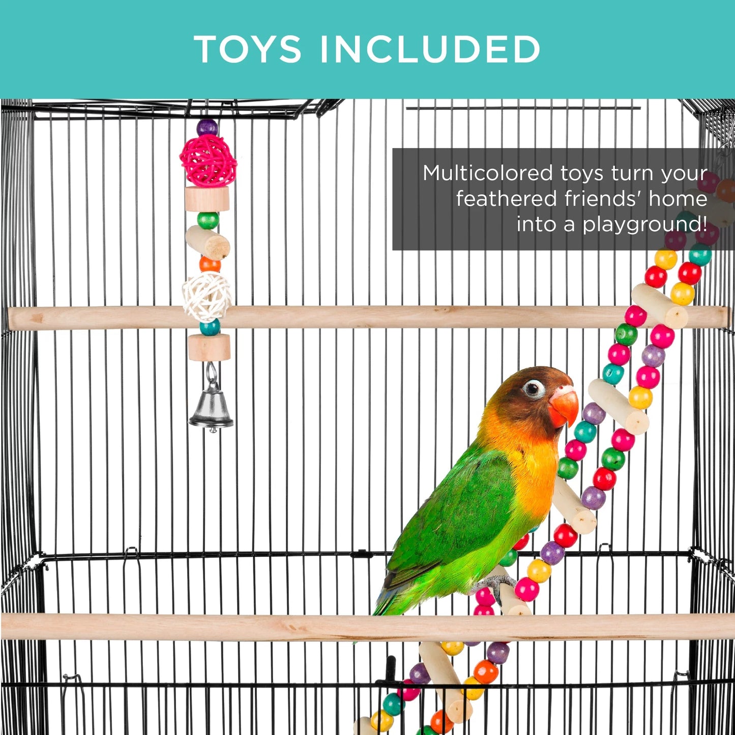 Bird perched on a cage with colorful toys, set against a teal background.