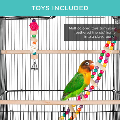 Bird perched on a cage with colorful toys, set against a teal background.