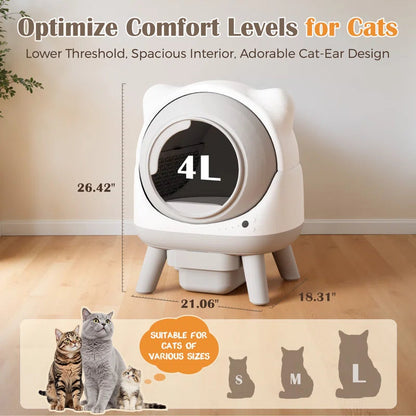 White pet bed with cat ear design, measurements, and suitability for cats of various sizes.