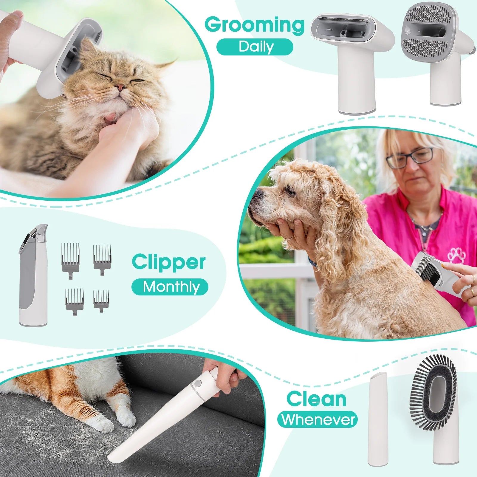 Grooming tools for pets with images of a cat, dog, and person using the tools.