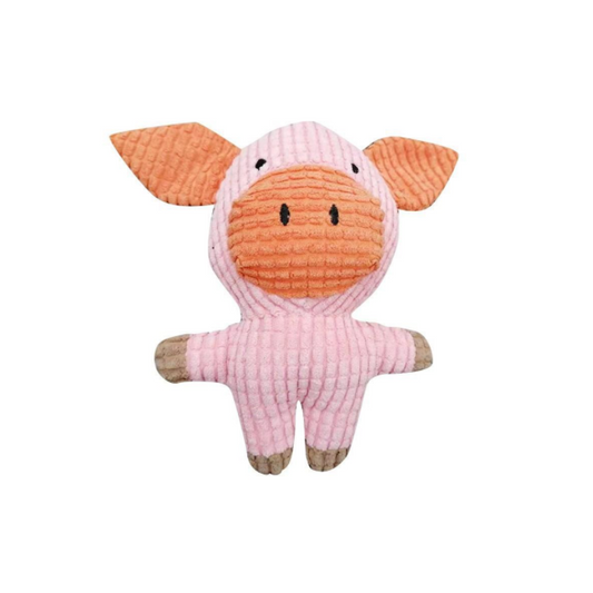 Plush toy pig with pink body and orange face on a white background