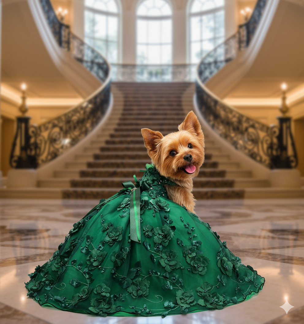 Dog in a green dress standing in front of a grand staircase