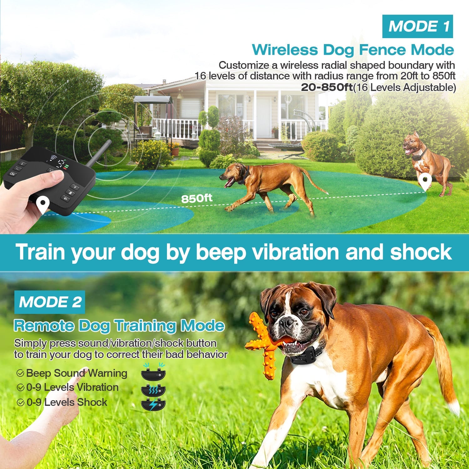 Advertisement for a wireless dog fence system with a remote control and dog in a garden.
