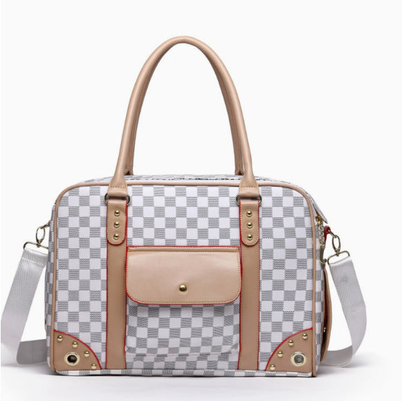 Checkered handbag with beige accents on a white background