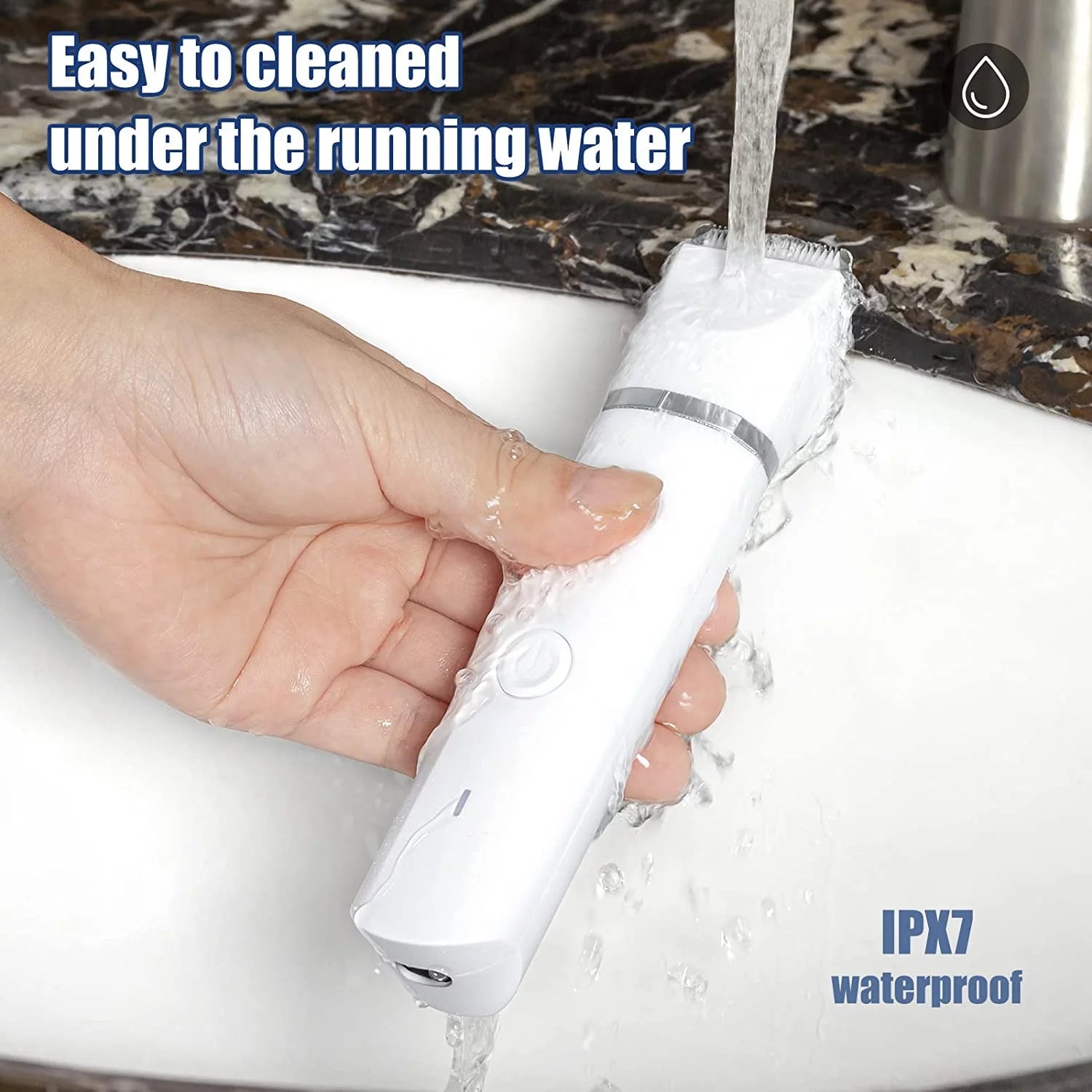 Hand holding a white electric toothbrush under running water with text indicating it is IPX7 waterproof.