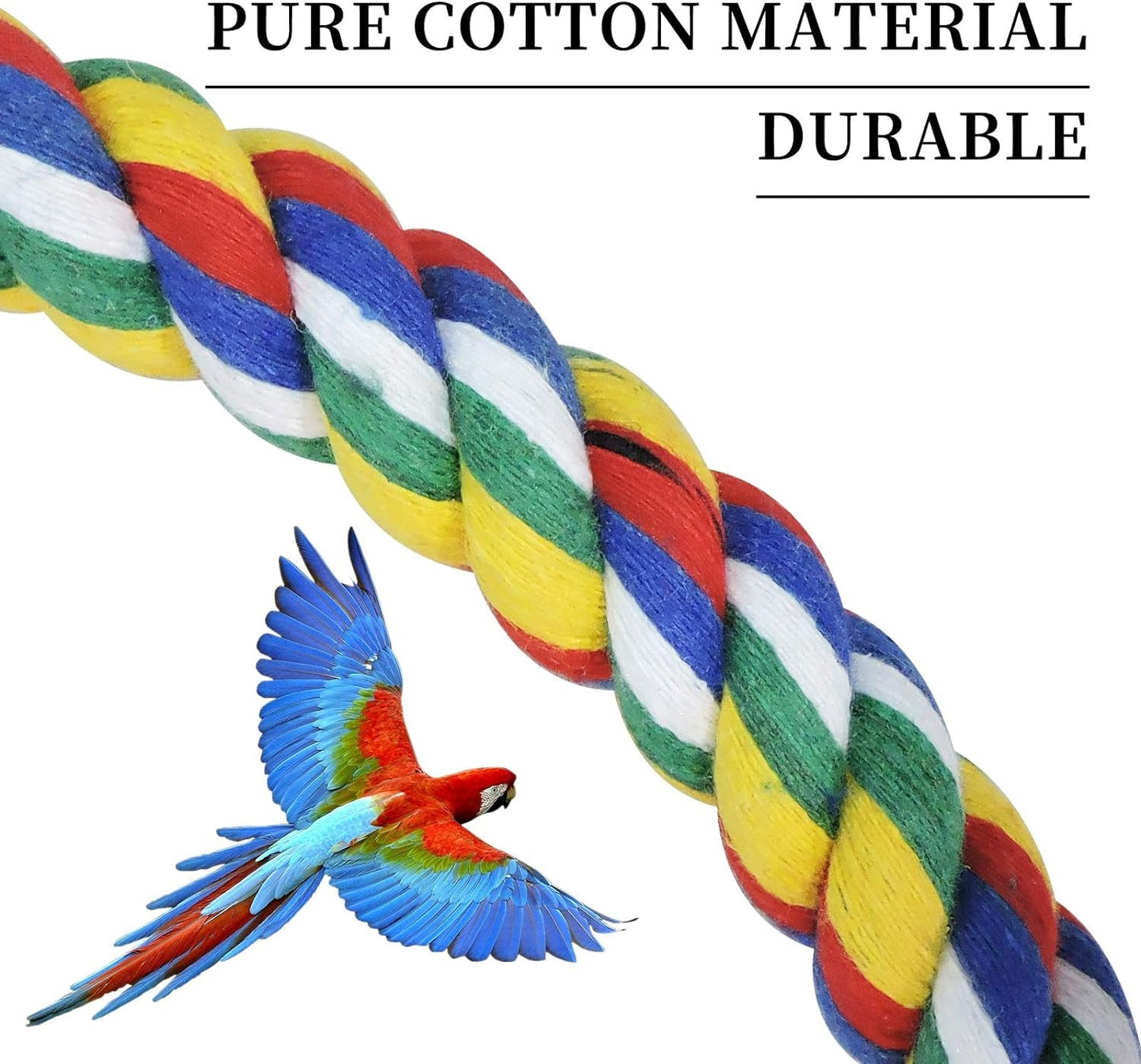 Colorful braided rope with a parrot on a white background, labeled 'PURE COTTON MATERIAL' and 'DURABLE'.