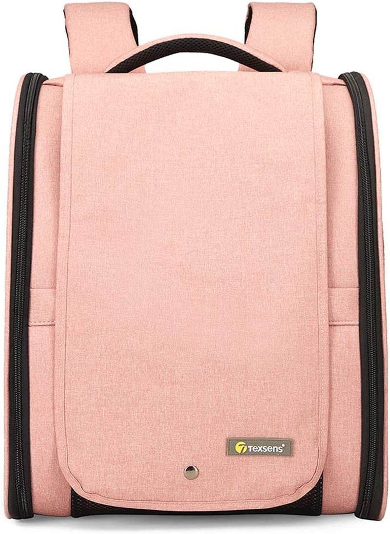 Pink backpack with black straps on a white background