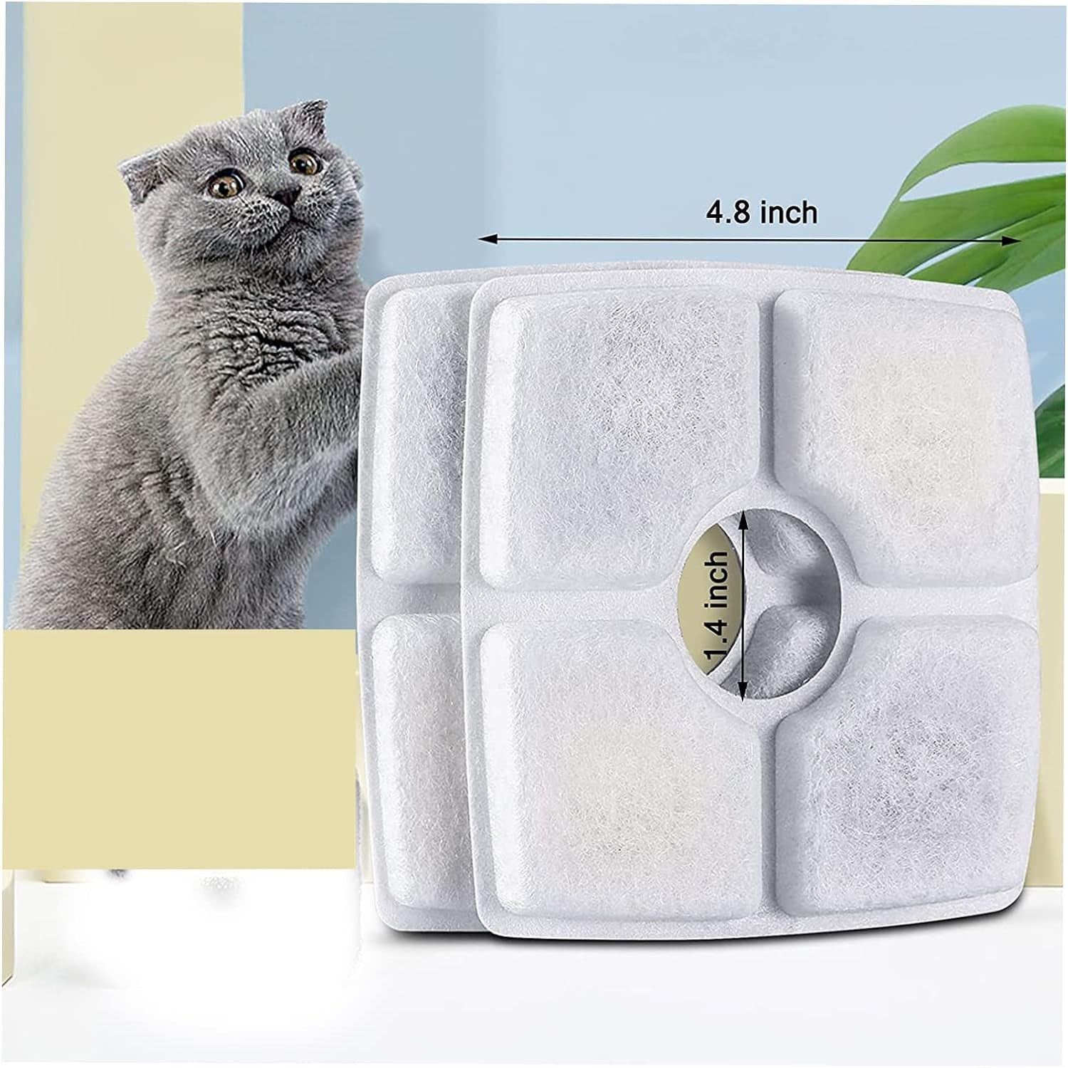 Cat sitting next to a white pet bed with dimensions indicated