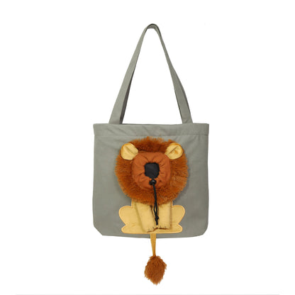 Gray tote bag with a lion design on a white background