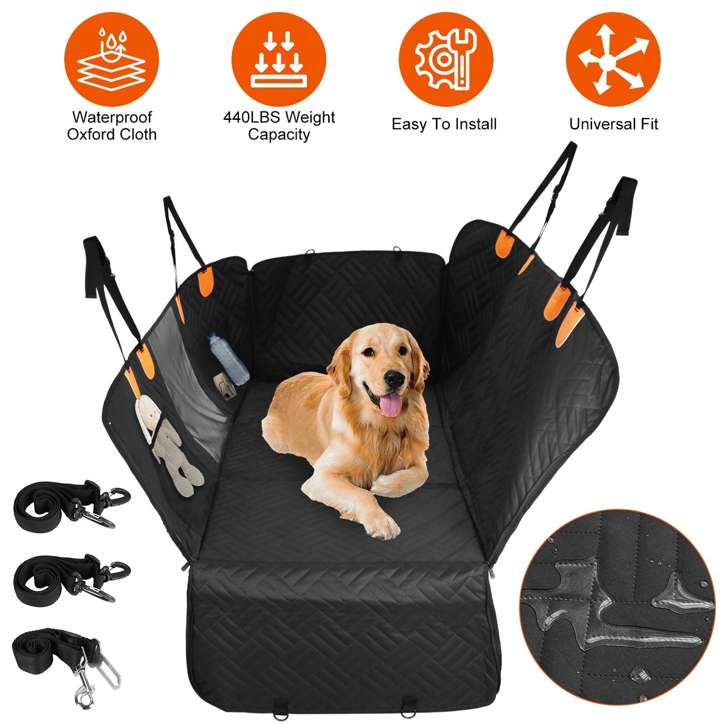 Dog car seat cover with a dog on it, featuring waterproof material and installation ease.