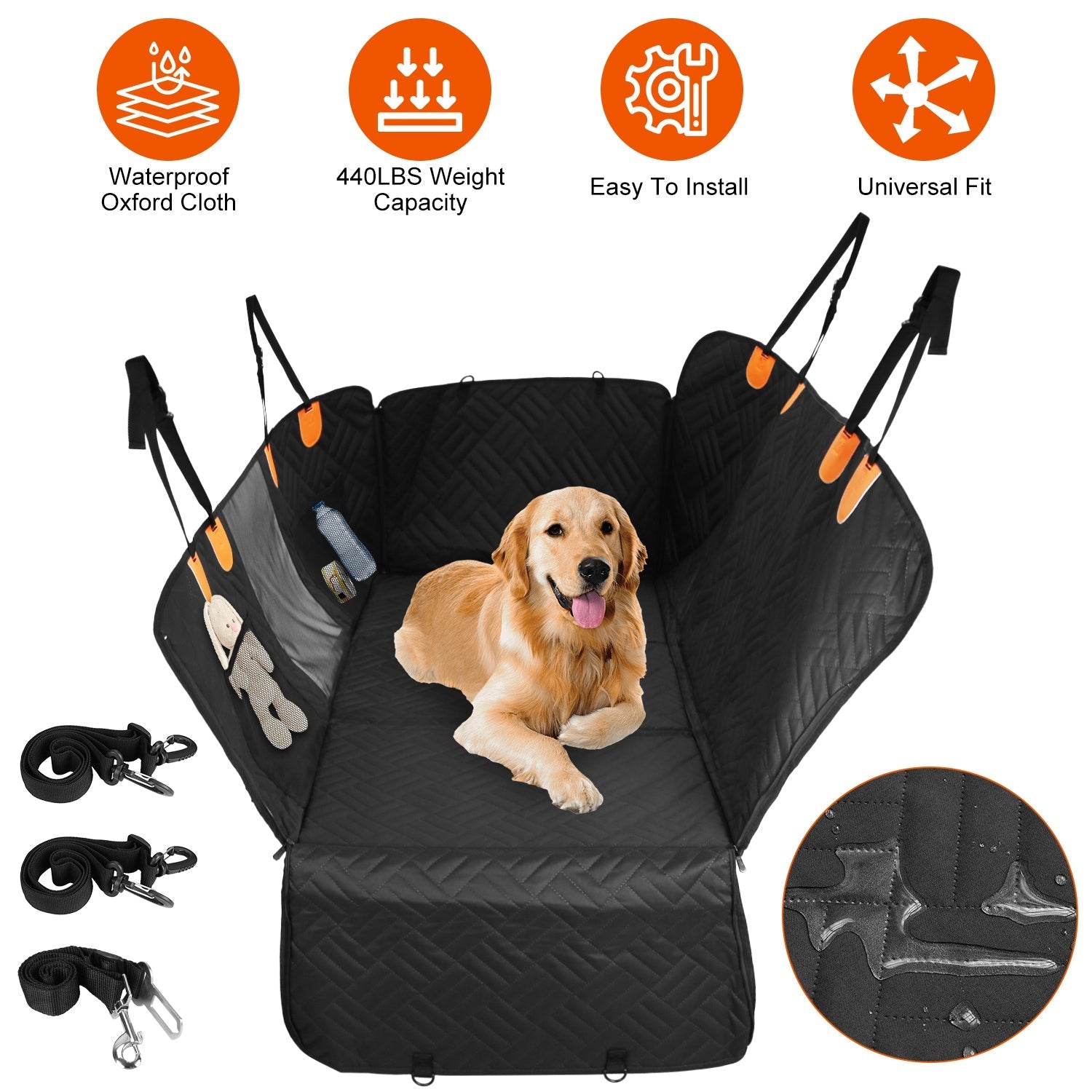 Dog car seat cover with a dog on it, featuring waterproof material and installation ease.