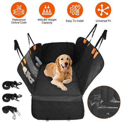Dog car seat cover with a dog on it, featuring waterproof material and installation ease.