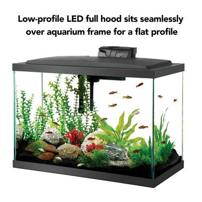 Aquarium with a low-profile LED full hood and fish inside, on a white background.