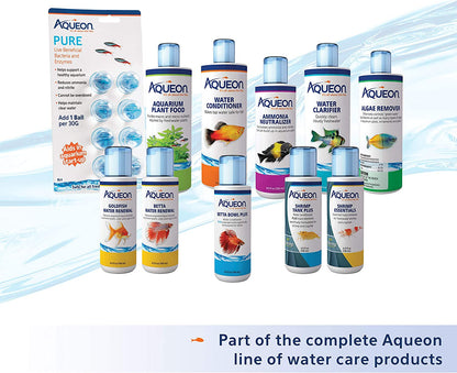 Aqueon water care products including bottles and packaging on a light blue background.