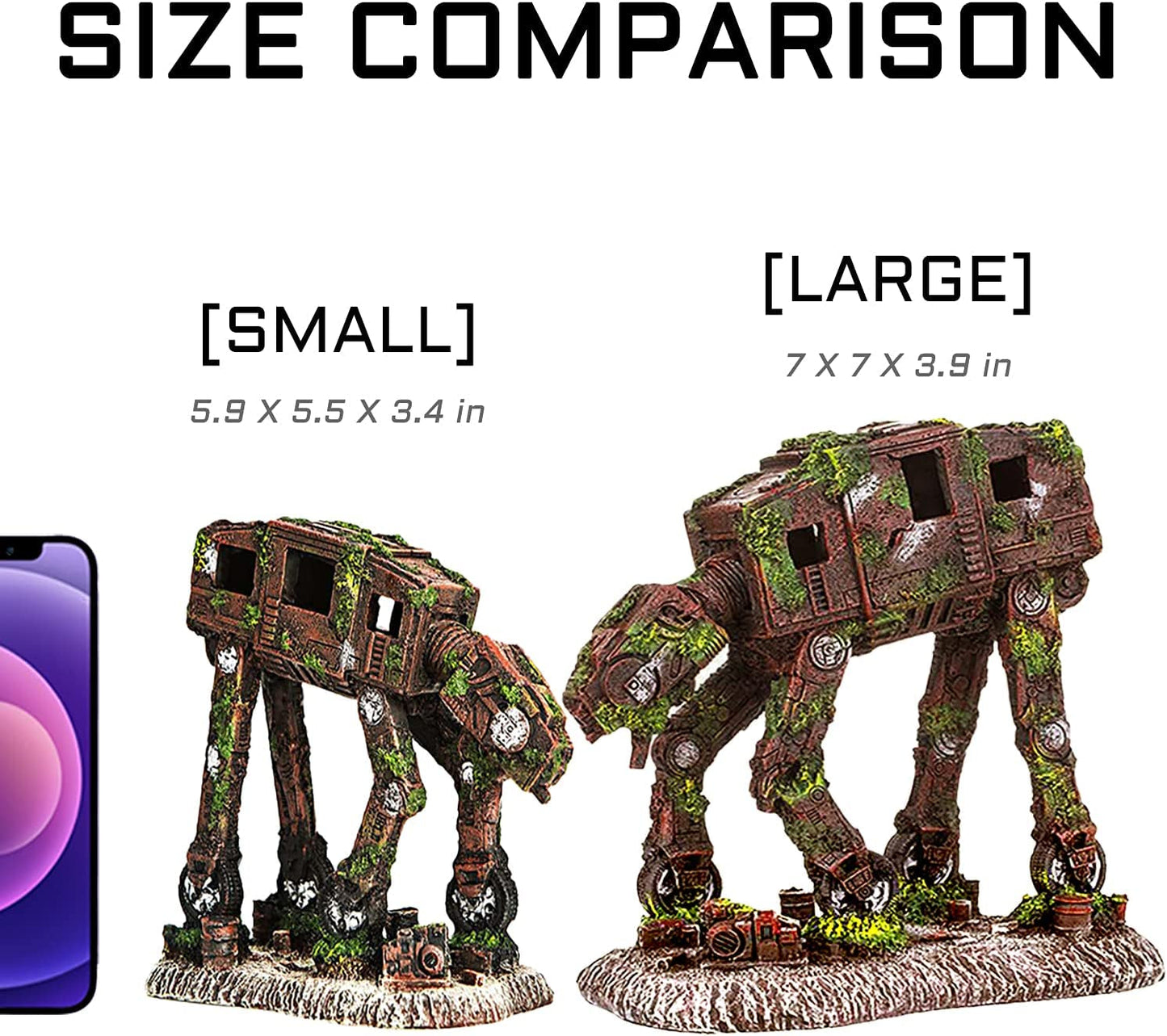 Size comparison of small and large AT-AT models with a smartphone for scale.