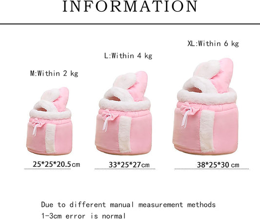 Pink pet bed with measurements for different sizes on a white background