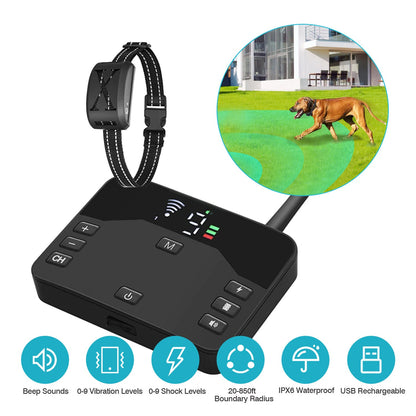 Pet tracking device with collar and control panel, showing a dog on grass.