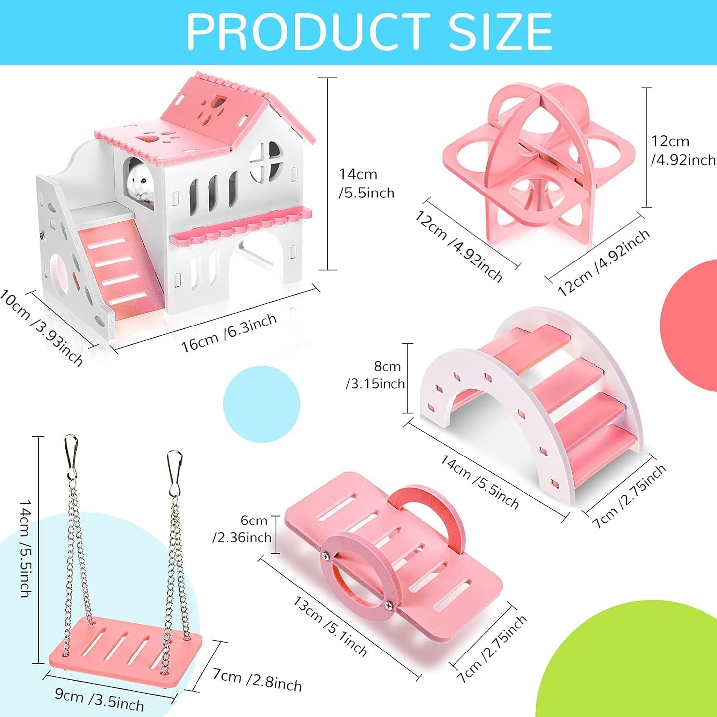 Measurement chart of various small toys and items with labeled dimensions.