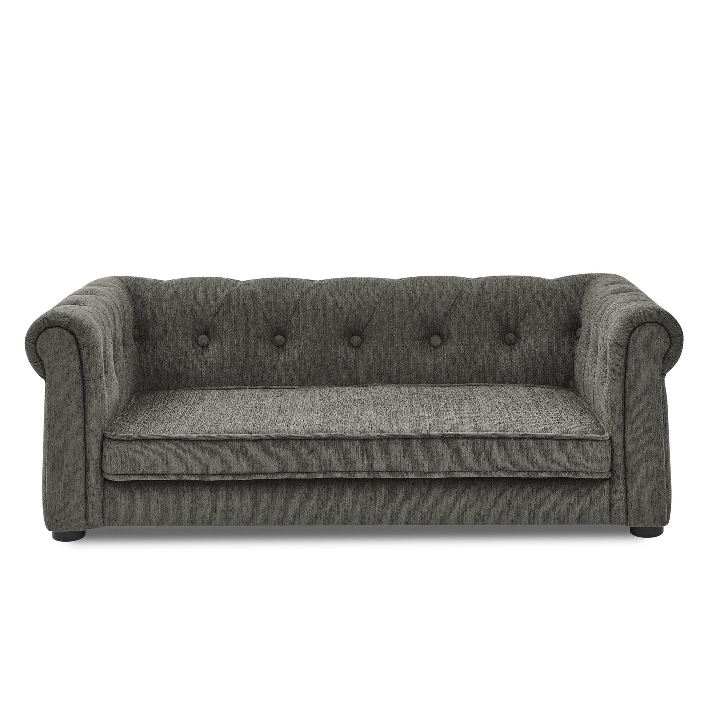 Gray sofa with tufted backrest on a white background