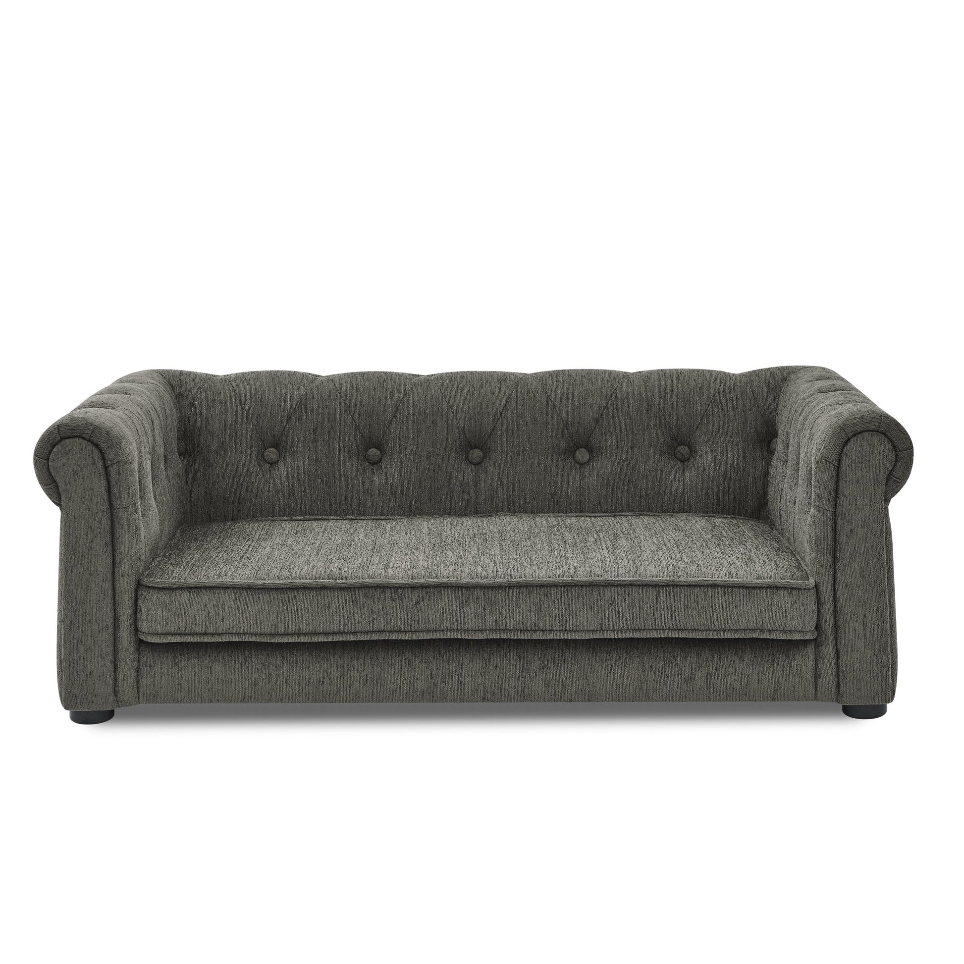 Gray sofa with tufted backrest on a white background