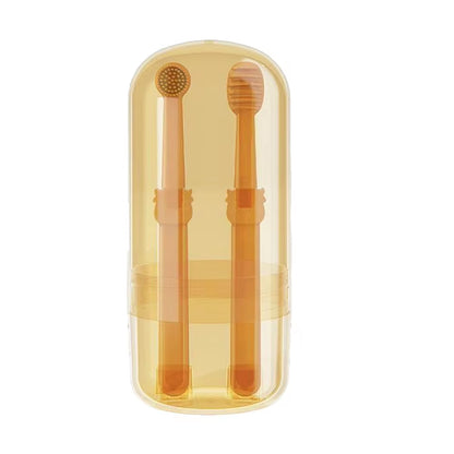 Two orange silicone pet toothbrushes in clear storage case - soft bristles for dogs and cats dental care.