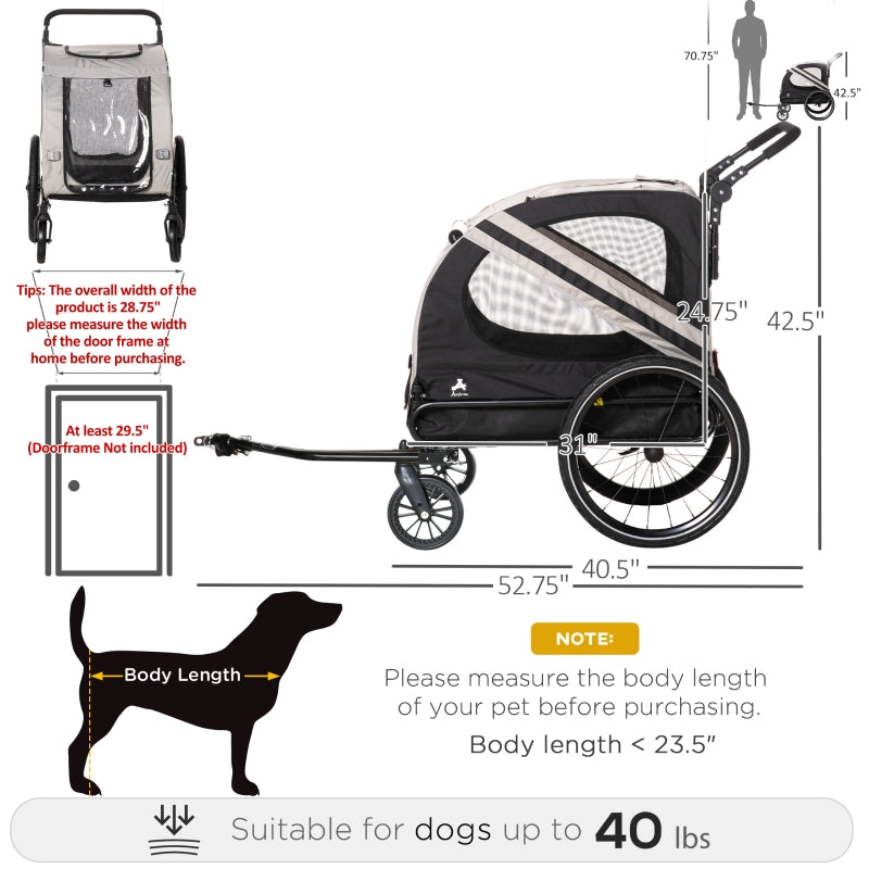 Measurement chart of a dog stroller with dimensions and compatibility details.