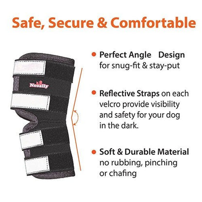 Dog muzzle with reflective straps and text highlighting safety features on a white background