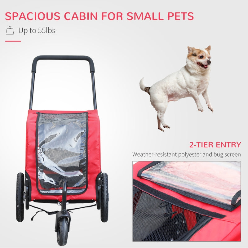Red pet stroller with a dog on a white background, highlighting spacious cabin for small pets.