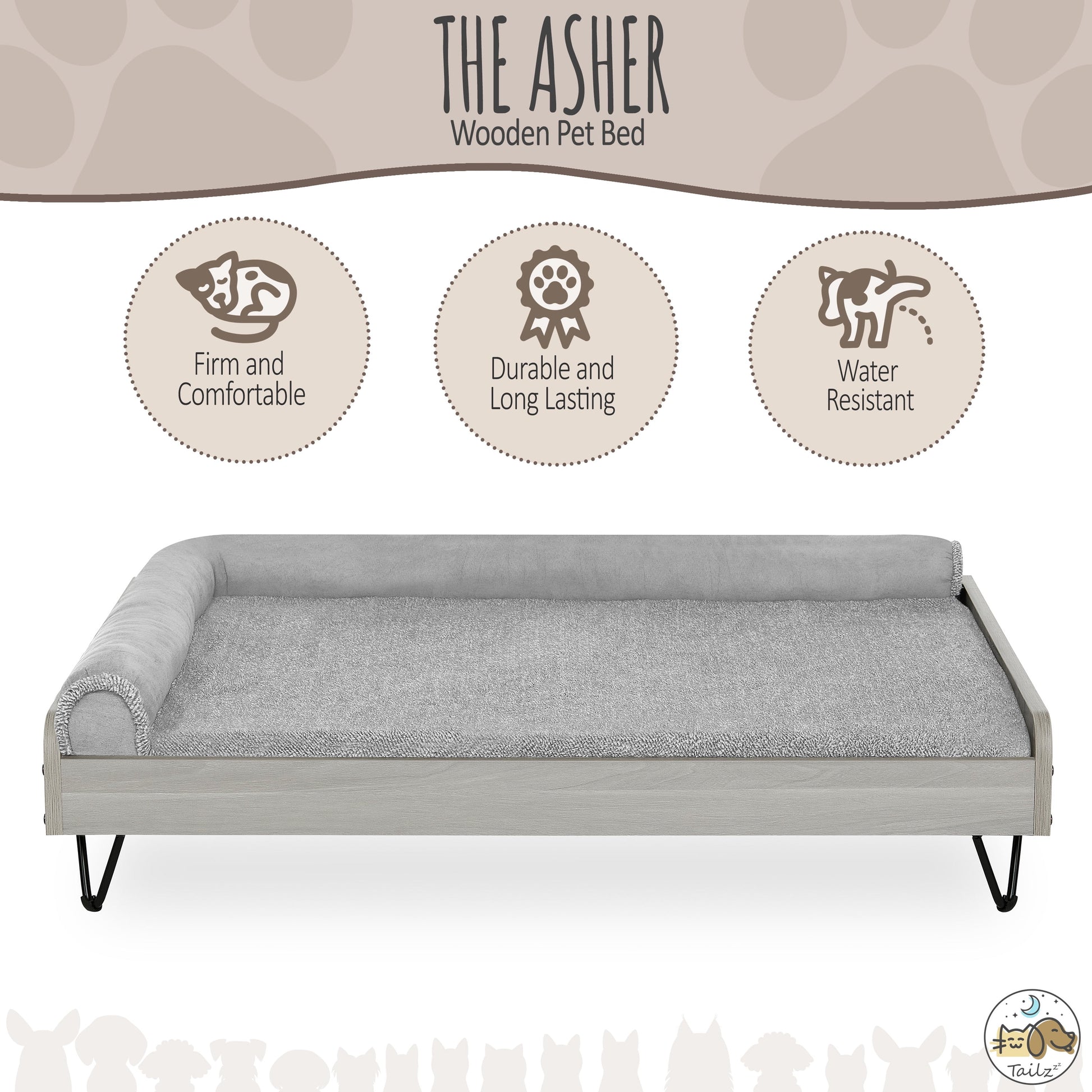 Asher Small Wooden Elevated Pet Bed with Mattress, Greenguard Gold Certified