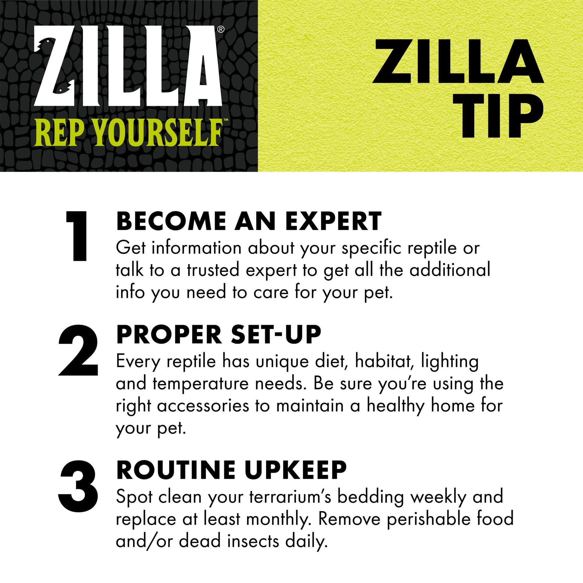 Zilla pet care tips for reptile owners on a white background
