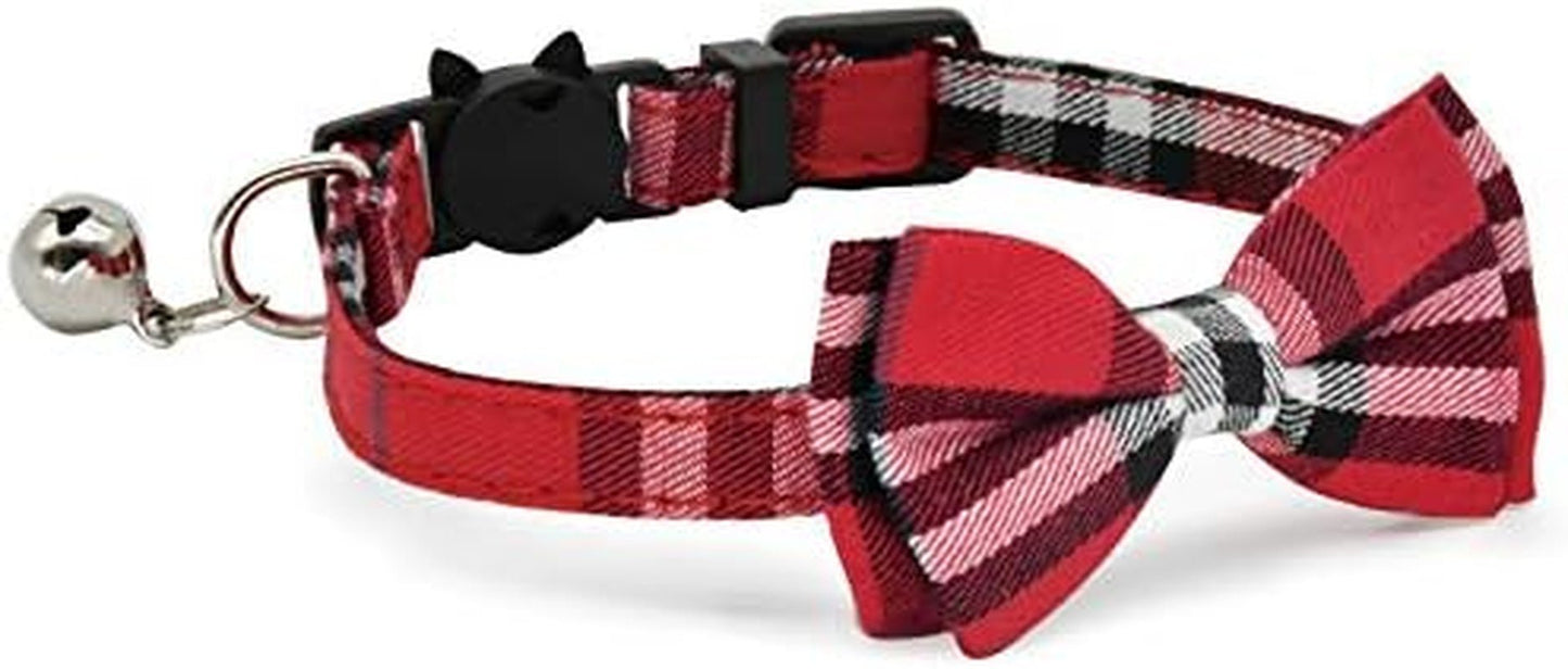 Red plaid cat collar with a bow tie and bell on a white background