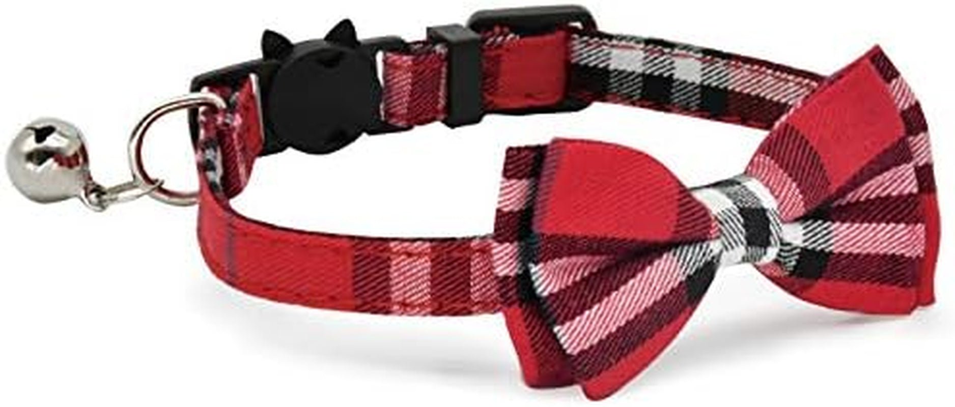 Red plaid cat collar with a bow tie and bell on a white background