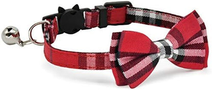 Red plaid cat collar with a bow tie and bell on a white background